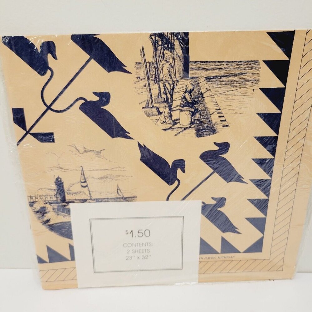 Vtg South Haven Michigan Art Gift Wrapping Paper Lighthouse Fishing Sailor Ducks